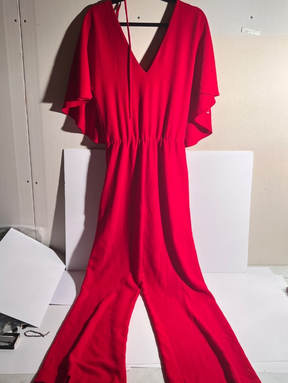 Zara Woman Red Flutter Sleeve Wide Leg Jumpsuit - Size S - Picture 2 of 15